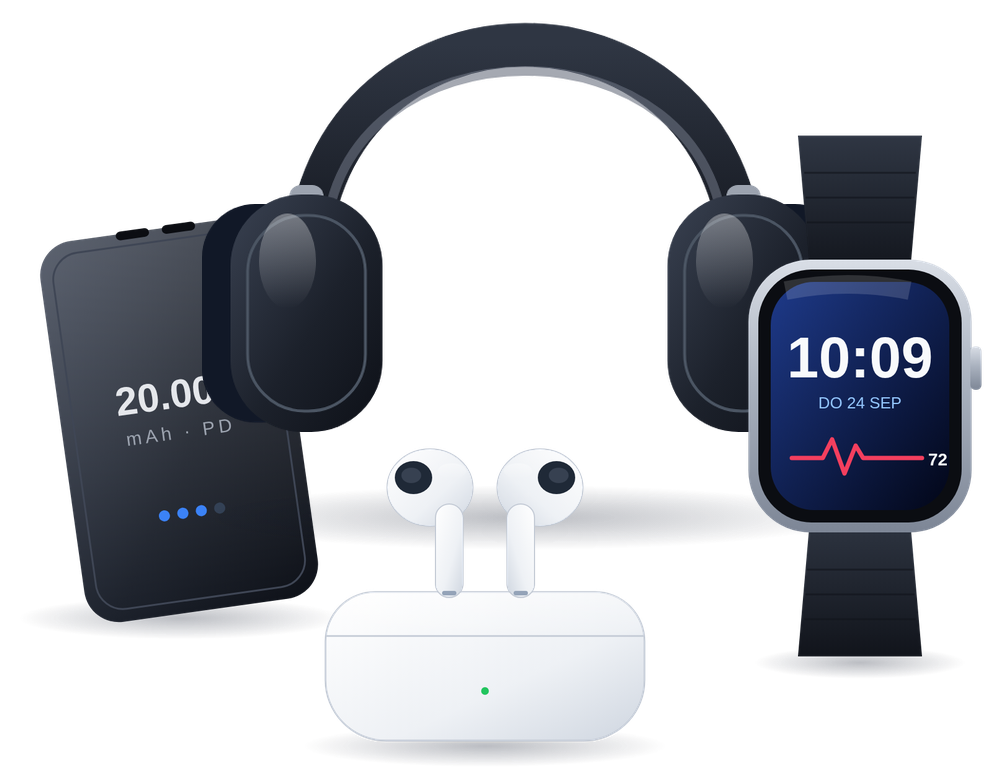Koptelefoon, smartwatch, oordopjes en powerbank van Electrostra